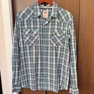 Levi's Men's Blue and White Plaid Snap Button Down Shirt